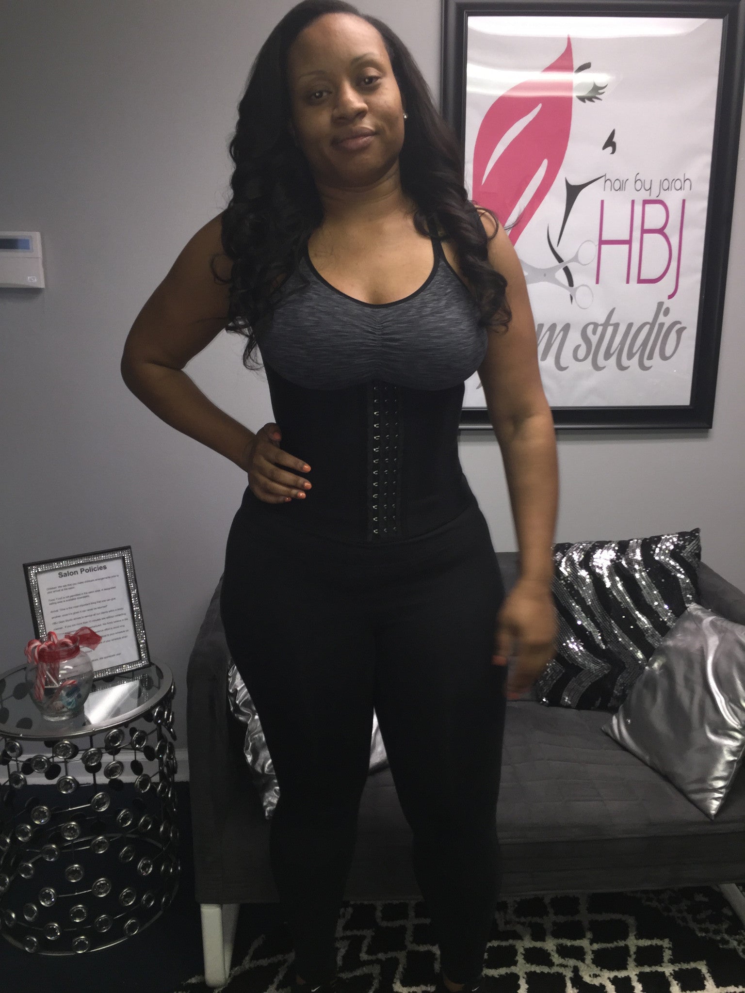 lady fitness shaper, hair sew-in, black waist trainer, small waist, fitness belt, black vest with silver hooks